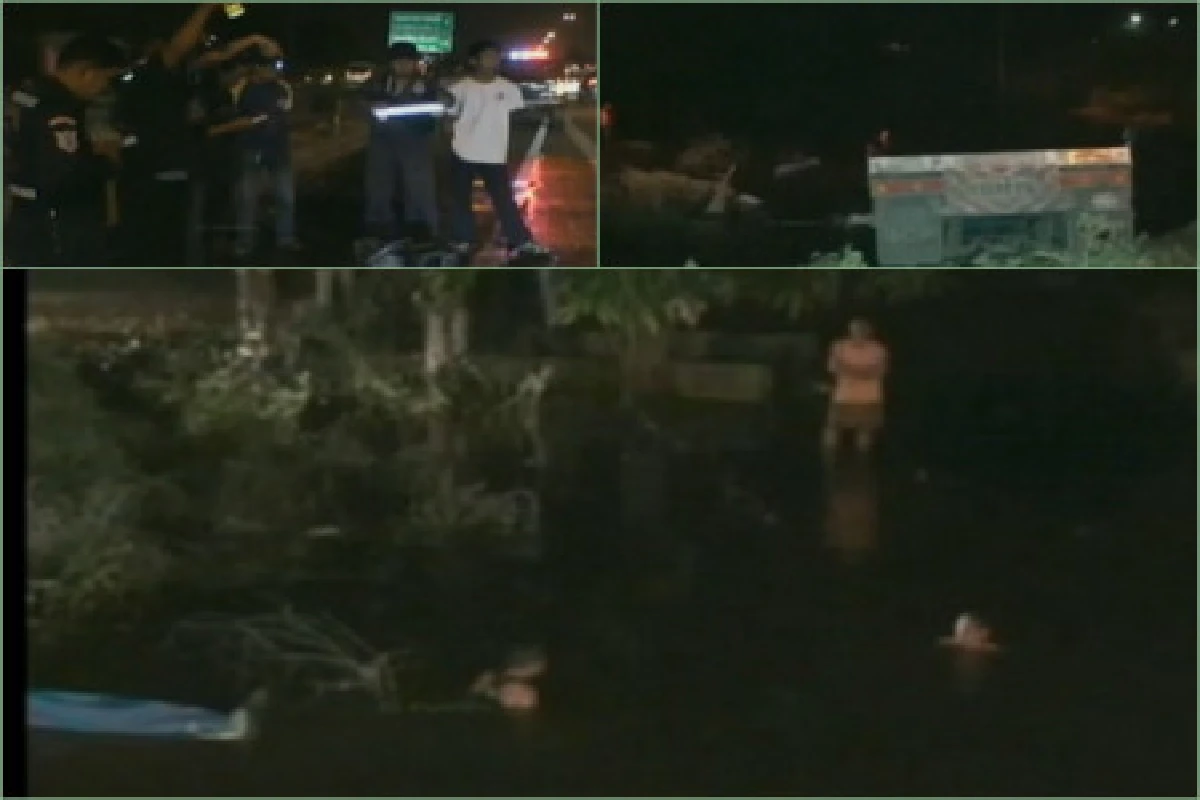 รถพ่วง 18 ล้อเสยท้ายรถบัสโรงงานตกคลองจมน้ำ