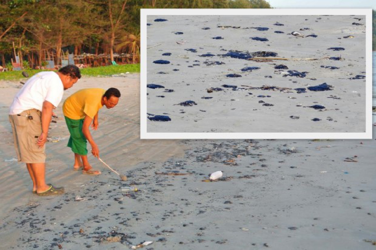 พบคราบน้ำมันดิบลอยเกยหาดแม่รำพึง พบคราบน้ำมันดิบลอยเกยหาดแม่รำพึง