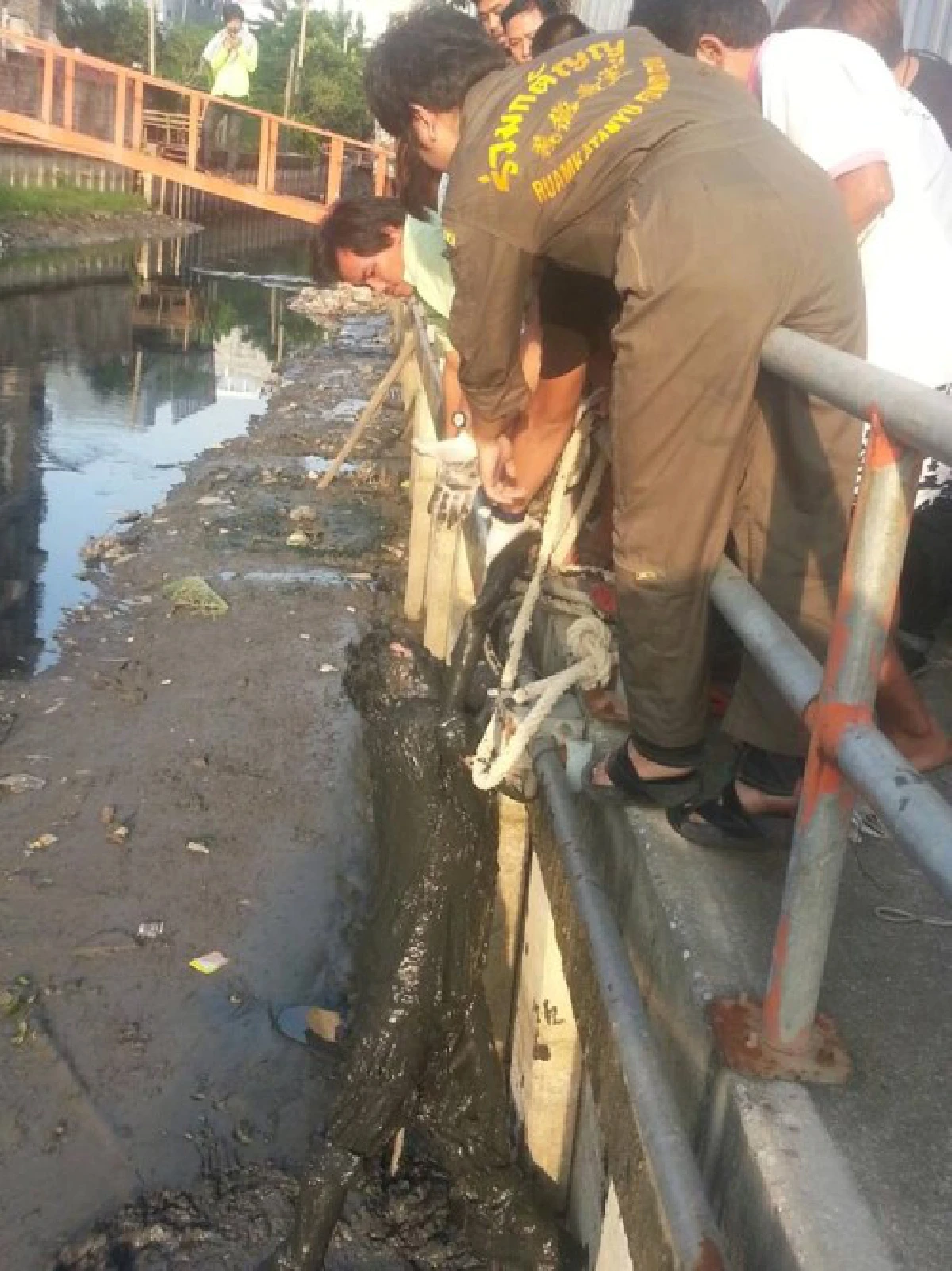 กู้ภัยช่วยชายพลัดตกคลองเจอโคลนดูดย่านพระราม9