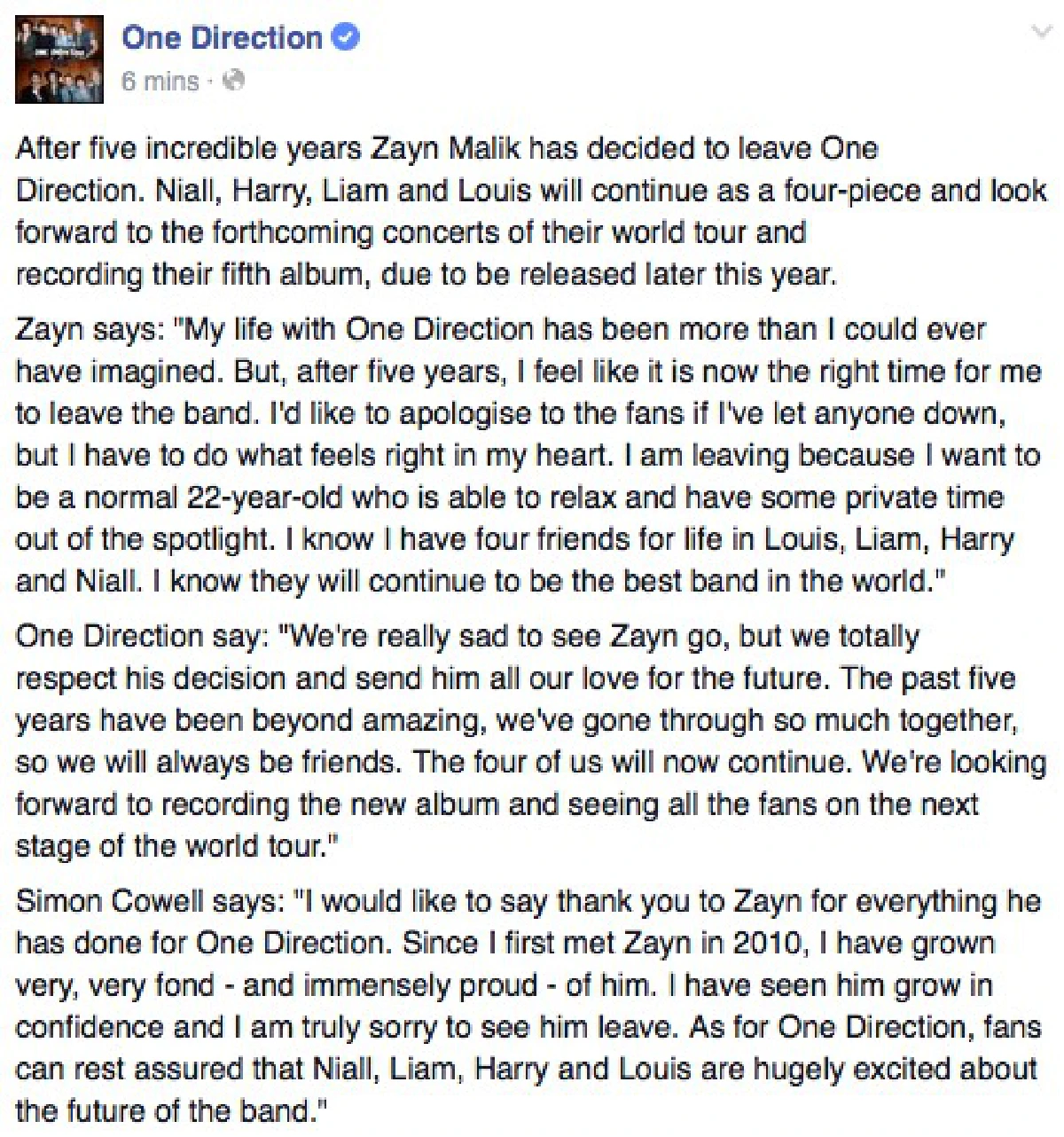 "เซน มาลิค"ประกาศลาออกจากวง One Direction