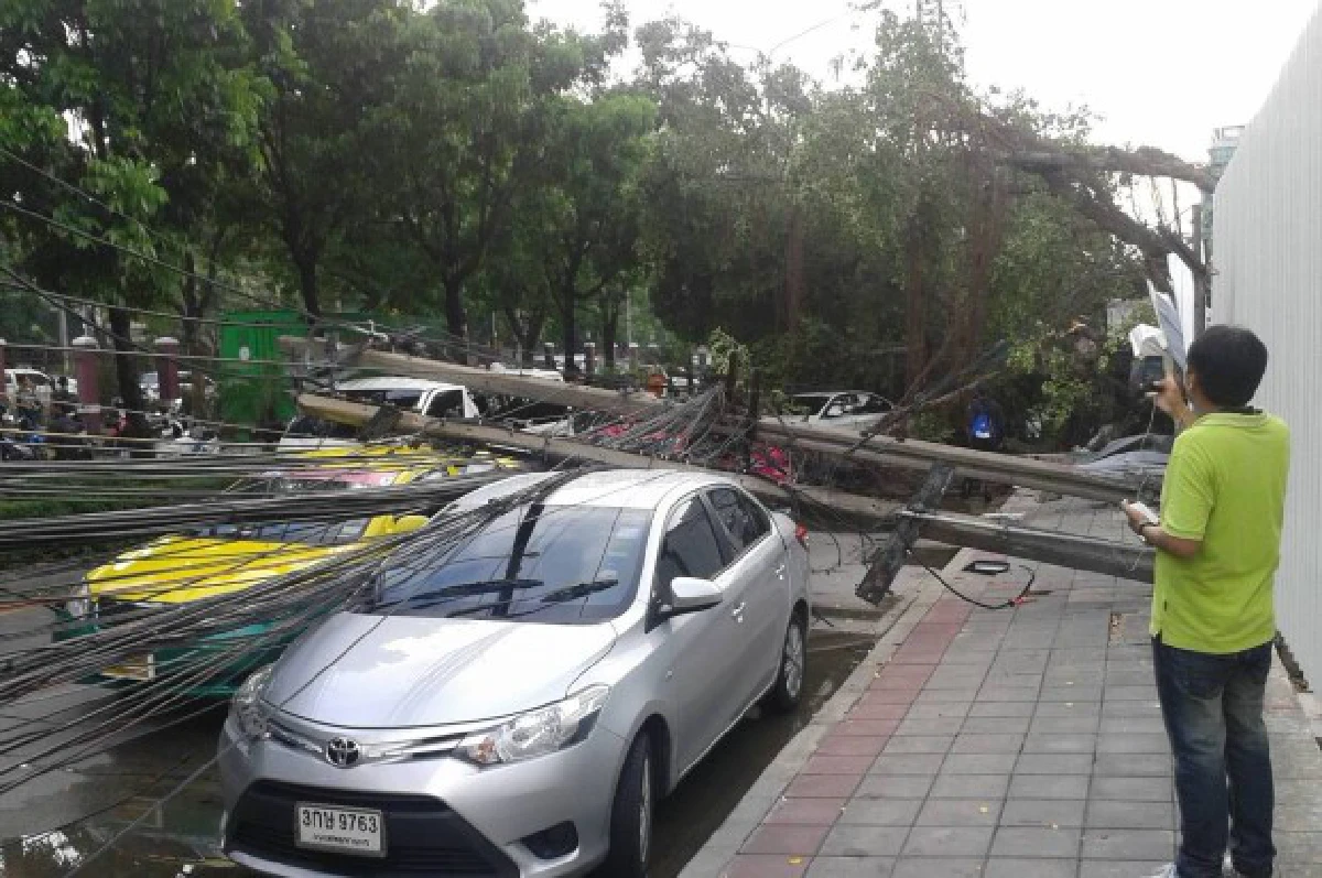 พายุพัดต้นไม้หักพาดรางBTS-เสาไฟฟ้าล้มทับรถพัง