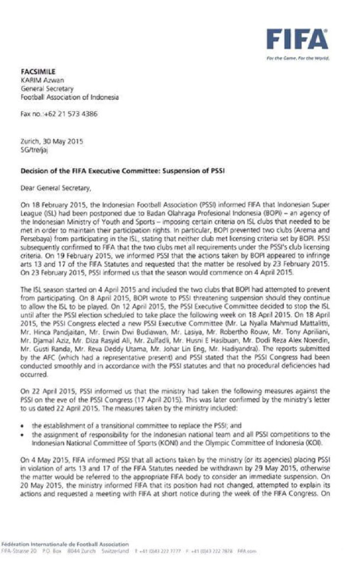 ไม่รอด!ฟีฟ่าสั่งแบน "อิเหนา" ห้ามแข่งนานาชาติ