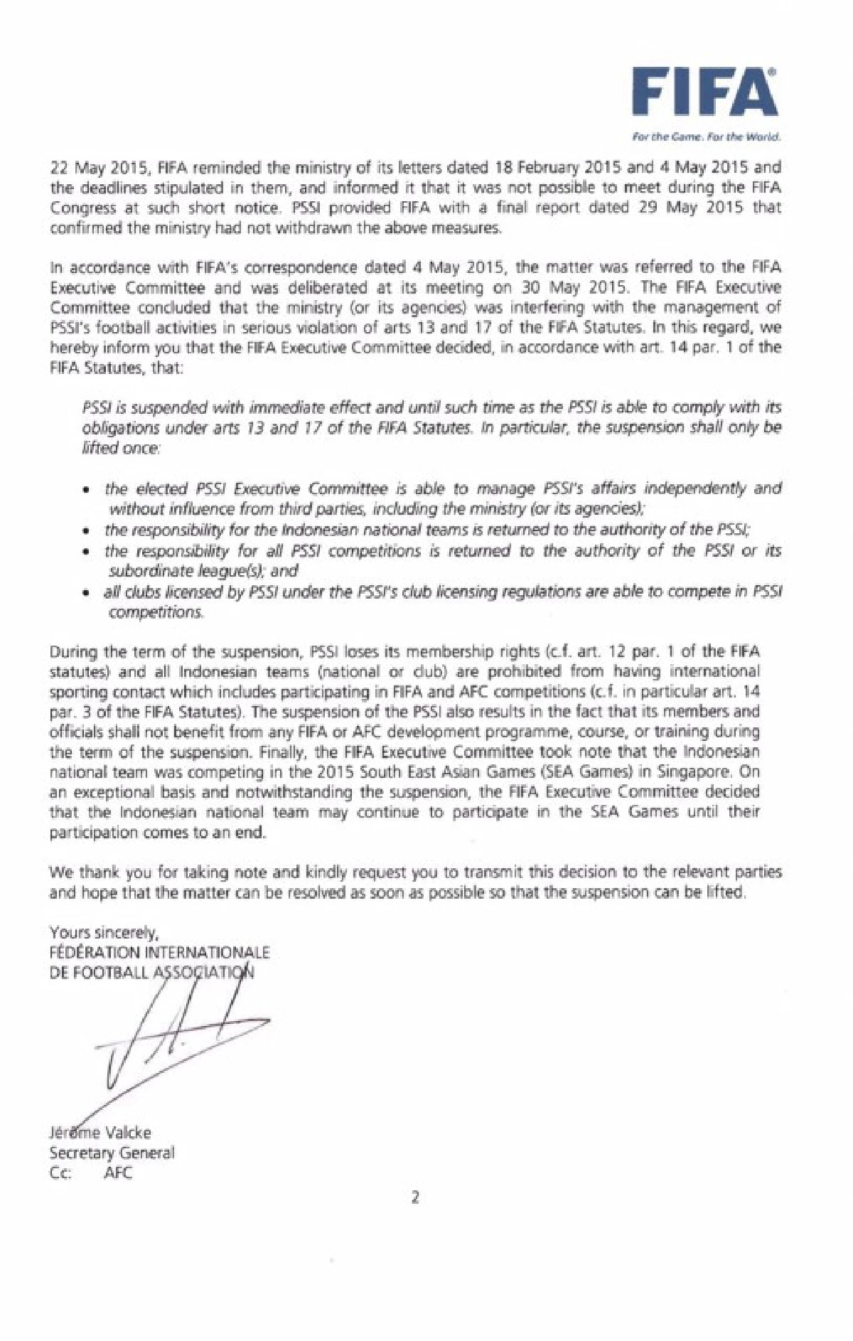 ไม่รอด!ฟีฟ่าสั่งแบน "อิเหนา" ห้ามแข่งนานาชาติ