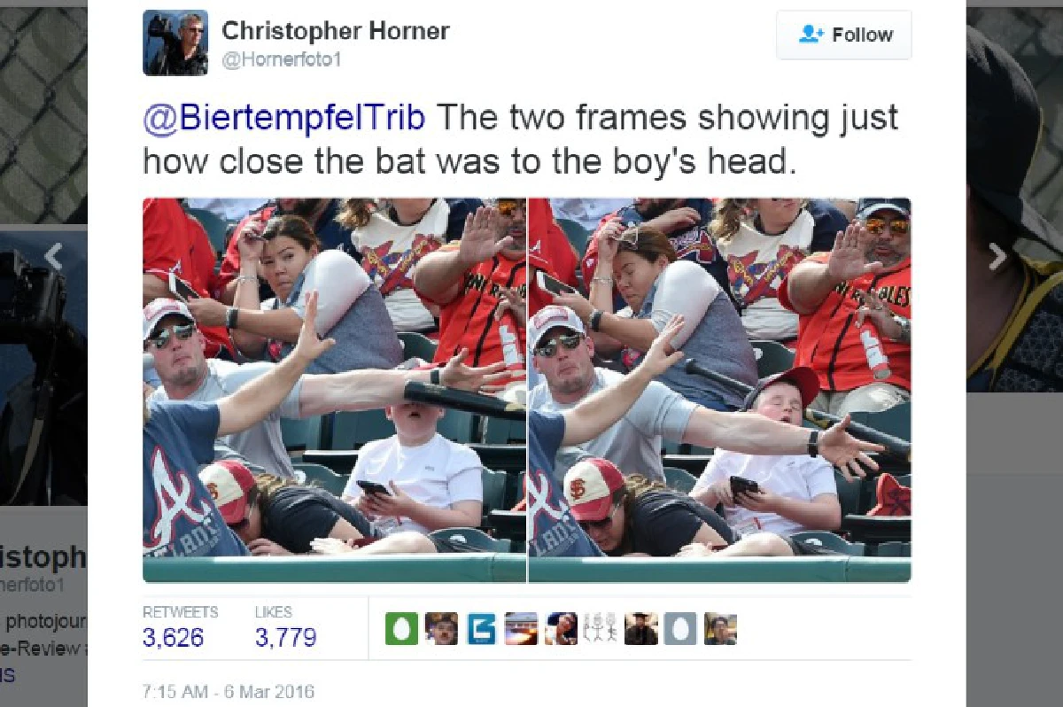 ชื่นชม!หนุ่มใช้แขนบังหน้าเด็กน้อย หลังไม้เบสบอลลอยหลุดมือนักกีฬา