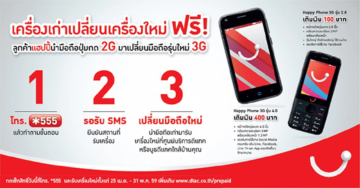 แฮปปี้ให้ลูกค้านำมือถือ 2G มาเปลี่ยนเครื่อง 3G ฟรี เพียงเติมเงินขั้นต่ำ 100 บาท