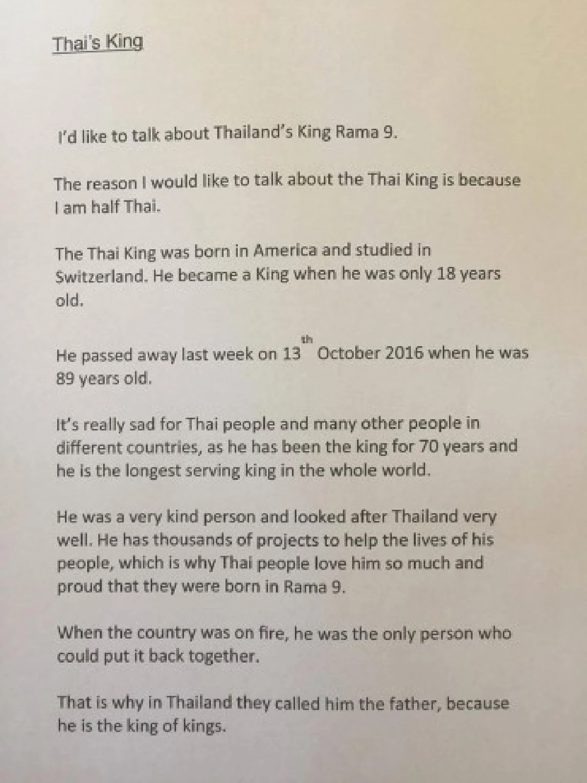 สุดซึ้ง!ด.ญ.ลูกครึ่งไทย-ออสเตรเลียพูดถึงในหลวงรัชกาลที่ 9 หน้าชั้นเรียน