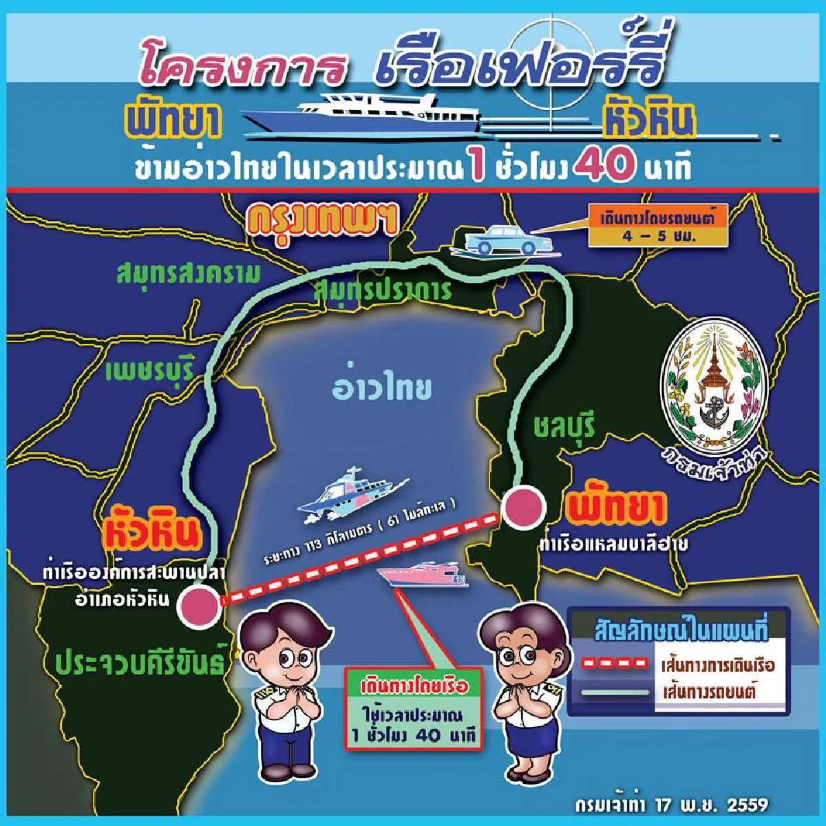 กรมเจ้าท่าเตรียมเปิดเดินเรือเฟอร์รี่พัทยา-หัวหิน ม.ค.ปี60