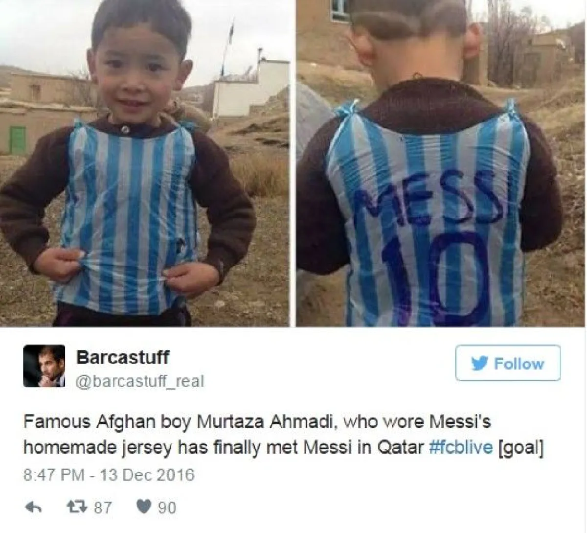 หนูน้อยอัฟกันในชุดถุงพลาสติก ฝันเป็นจริงได้เจอเมสซี!