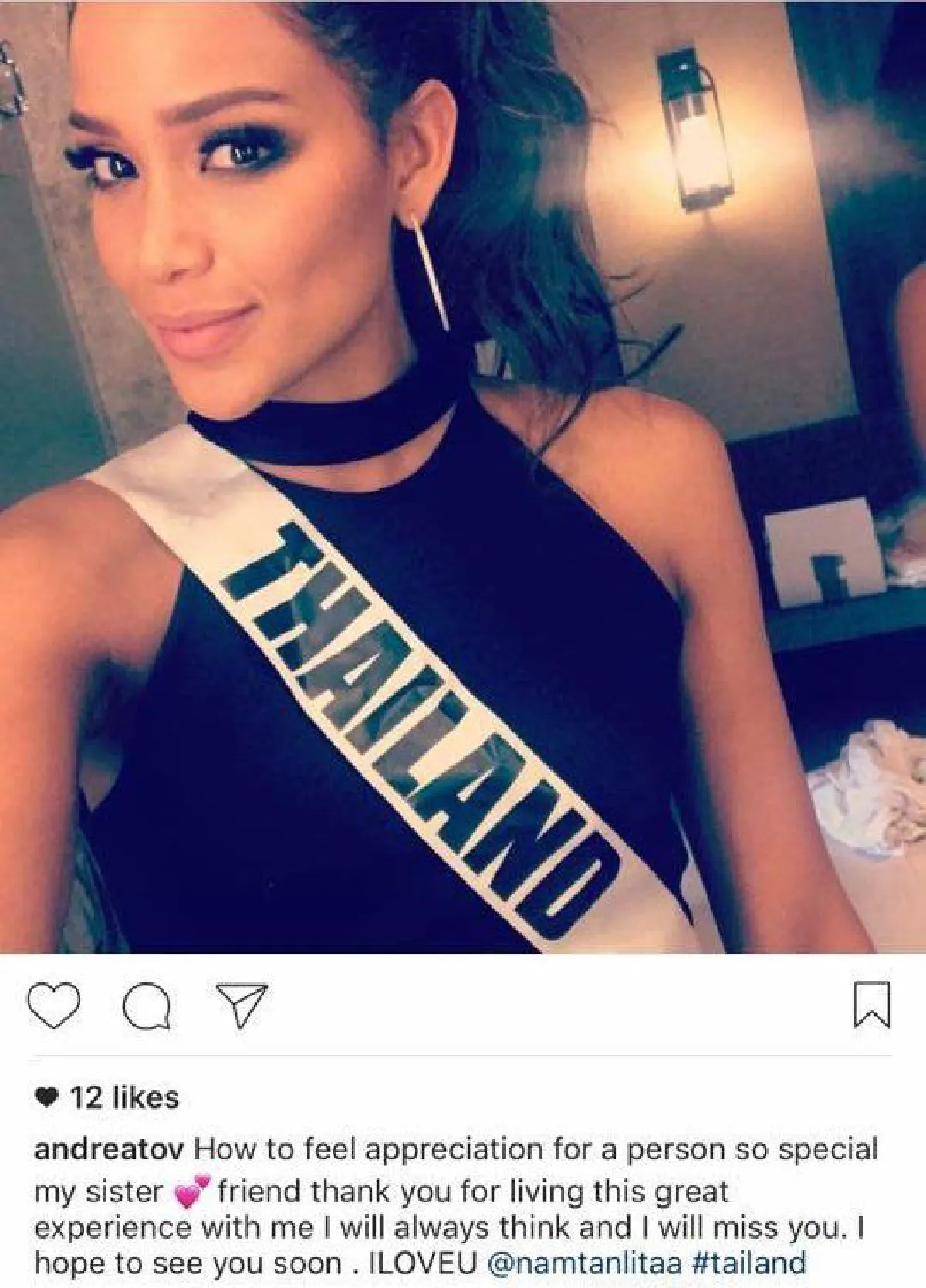 มิตรภาพดีๆ มิสโคลอมเบีย สวมสายสะพายไทยโพสต์ซึ้งถึง น้ำตาล ชลิตา