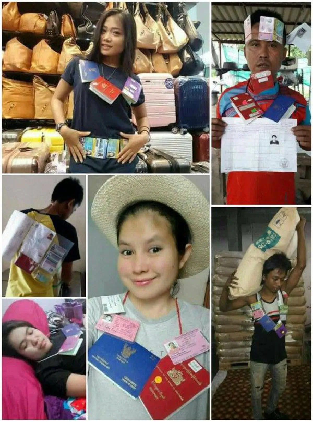 Myanmar migrants show off "document necklaces"