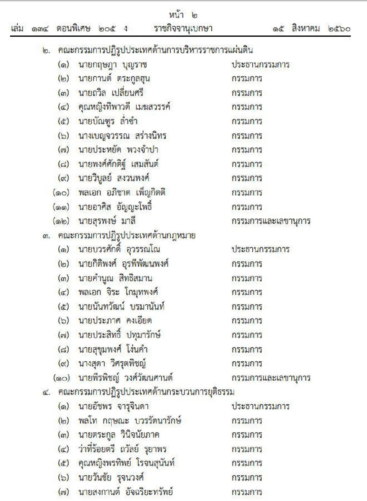 ราชกิจจาเผยประกาศแต่งตั้ง 8 คณะกรรมการปฏิรูปประเทศ 11 ด้าน