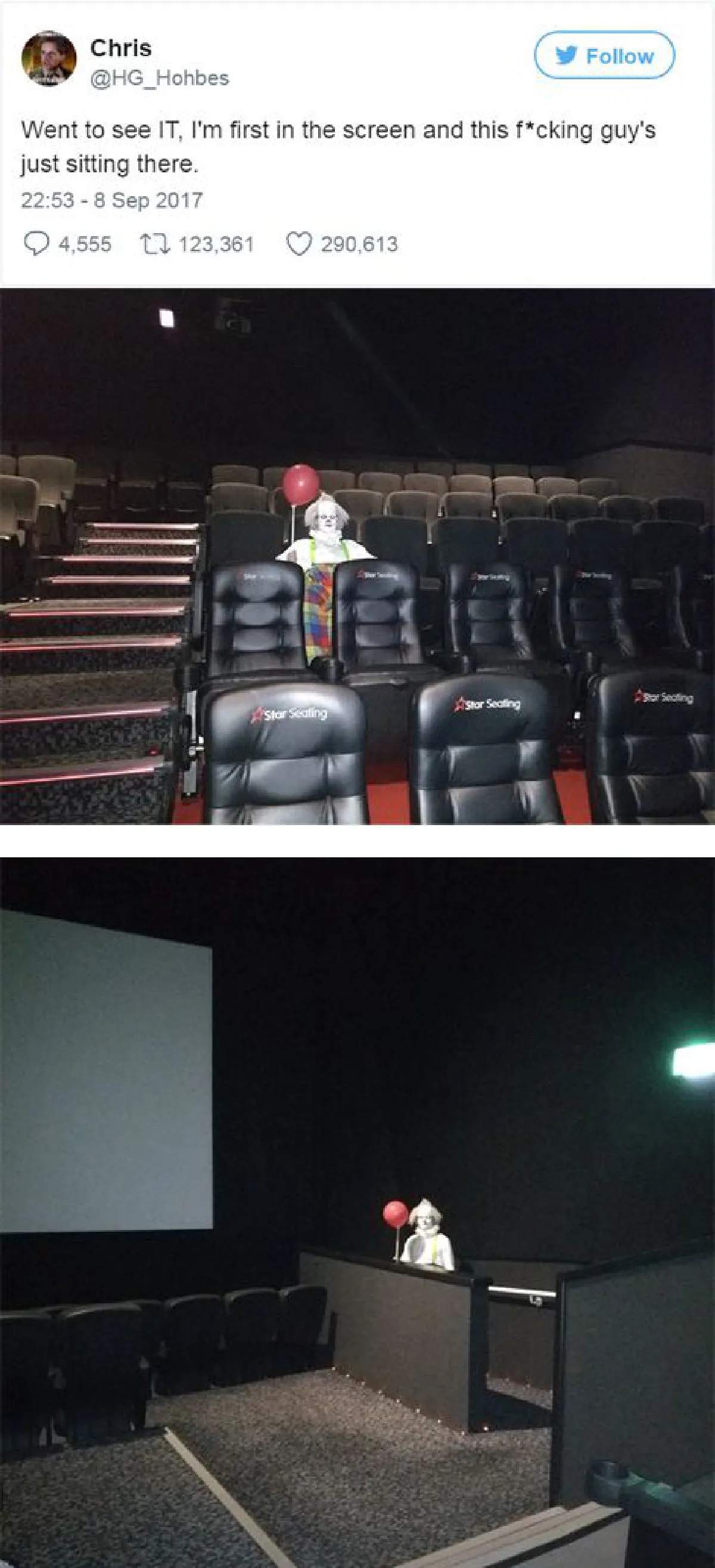 ชวนหลอนทั้งโรง เมื่อชายหนุ่มสุดอินแต่งเป็นตัวตลกมาดูภาพยนตร์เรื่อง IT