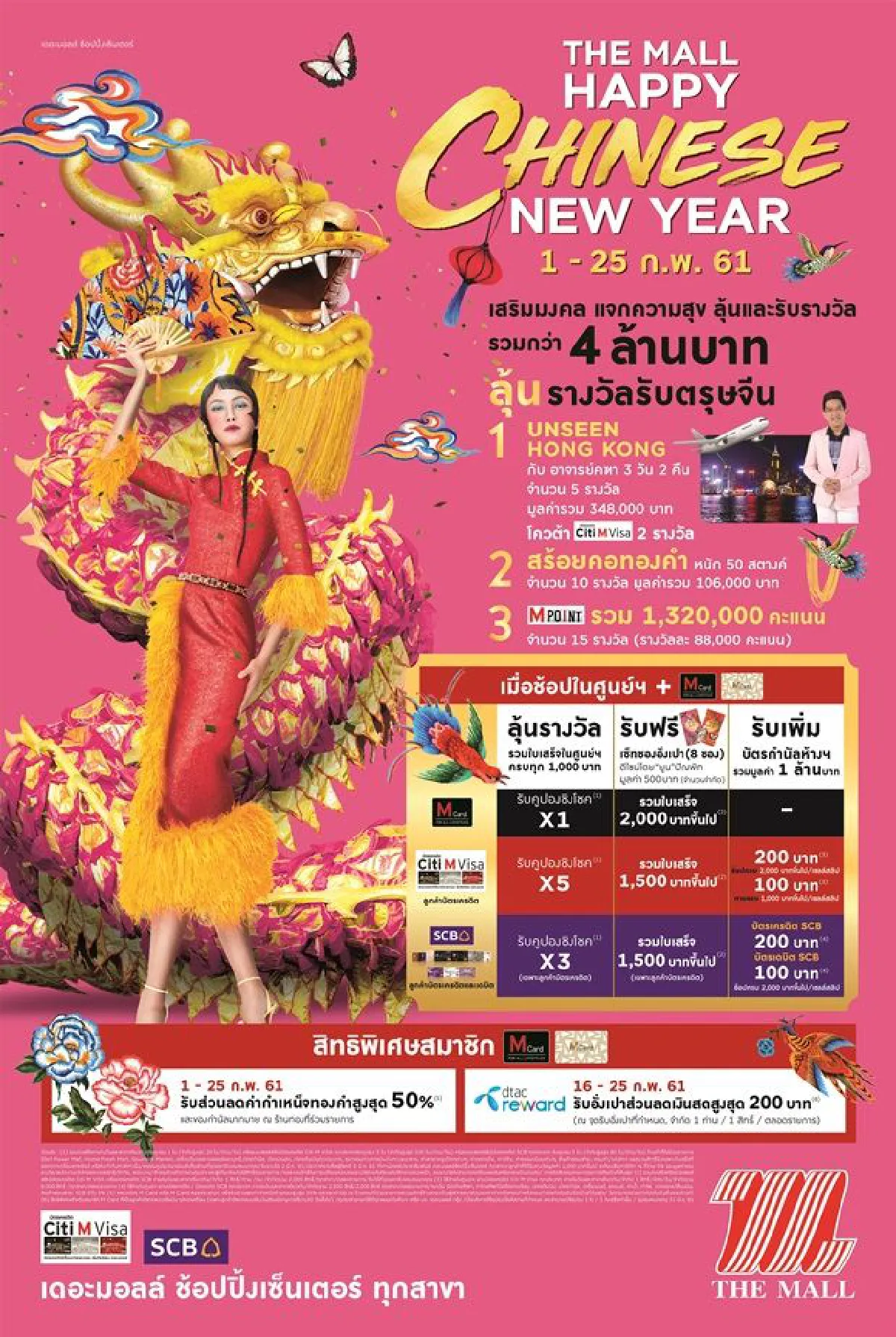 เดอะมอลล์ ต้อนรับปีจอมหามงคล ทุ่มงบกว่า 30 ล้านบาท จัดแคมเปญ "THE MALL HAPPY CHINESE NEW YEAR" จัดประลองสิงโต เสาดอกเหมย และมังกรเบิกเนตรพ่นไฟ 5 ธาตุ สุดอลังการ  พร้อมรังสรรค์โต๊ะจีน เมนูมหามงคลยิ่งใหญ่แห่งปี