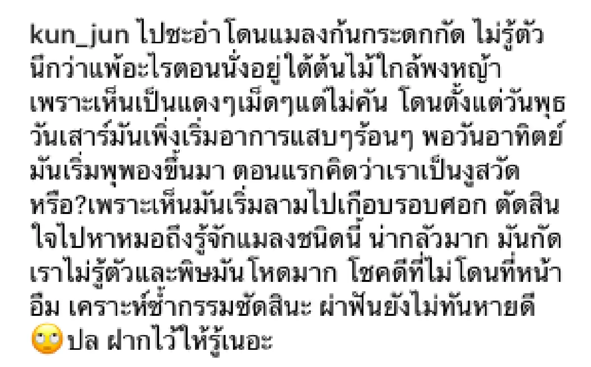 "หน่อย” โพสต์เตือน หลังโดน "แมลงก้นกระดก” กัด จนผิวหนังพุพอง
