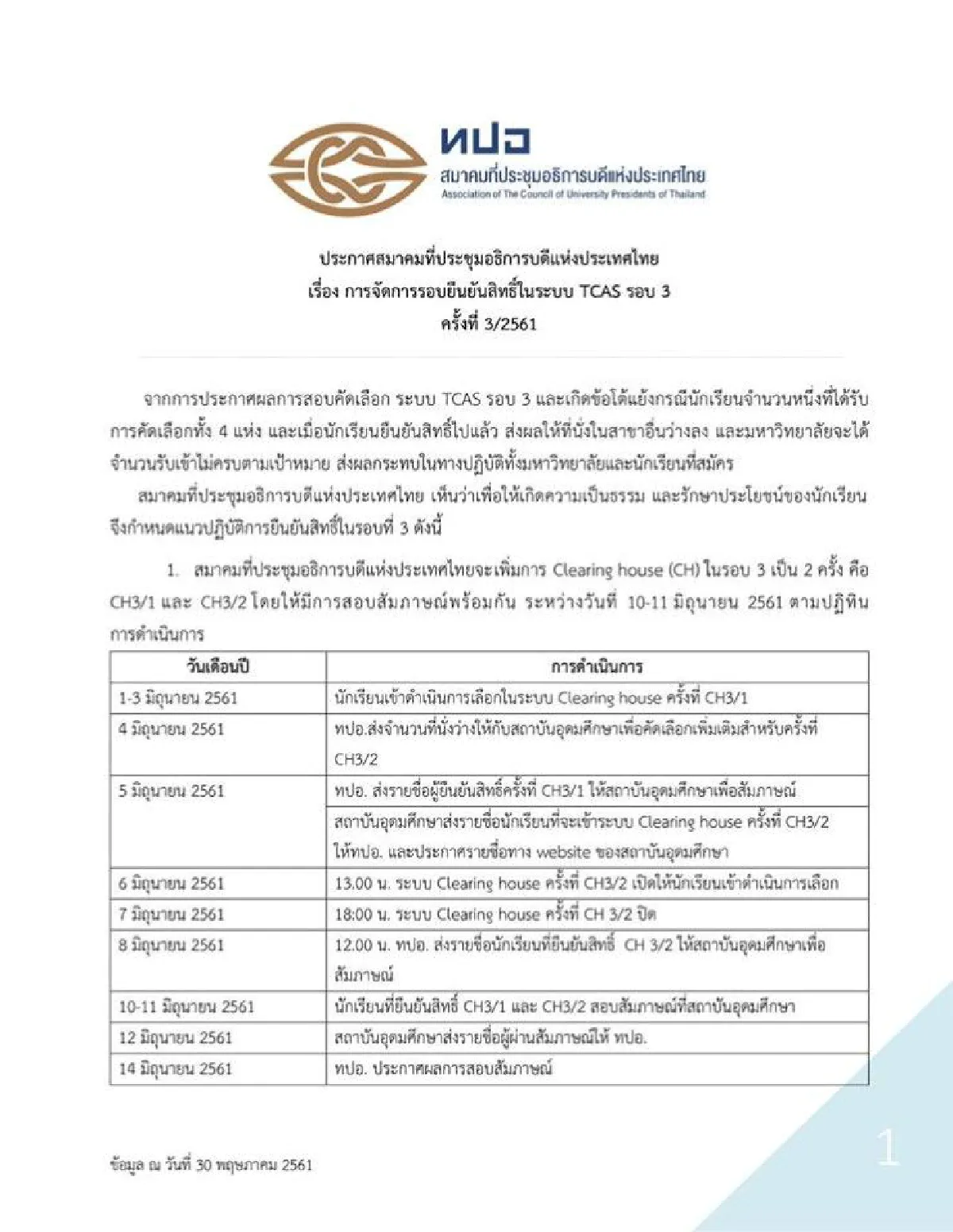 ทปอ.ประกาศให้ยืนยันสิทธิ "TCAS"รอบ3แล้ว