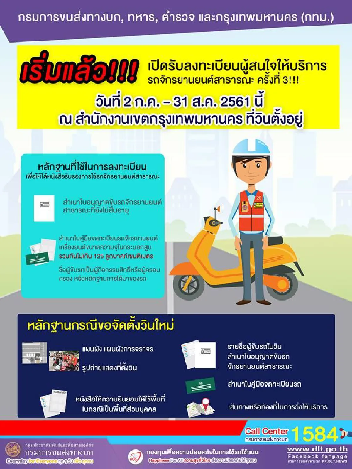 ขนส่งฯ เปิดรับลงทะเบียนผู้สนใจขับมอเตอร์ไซค์รับจ้าง ครั้งที่ 3