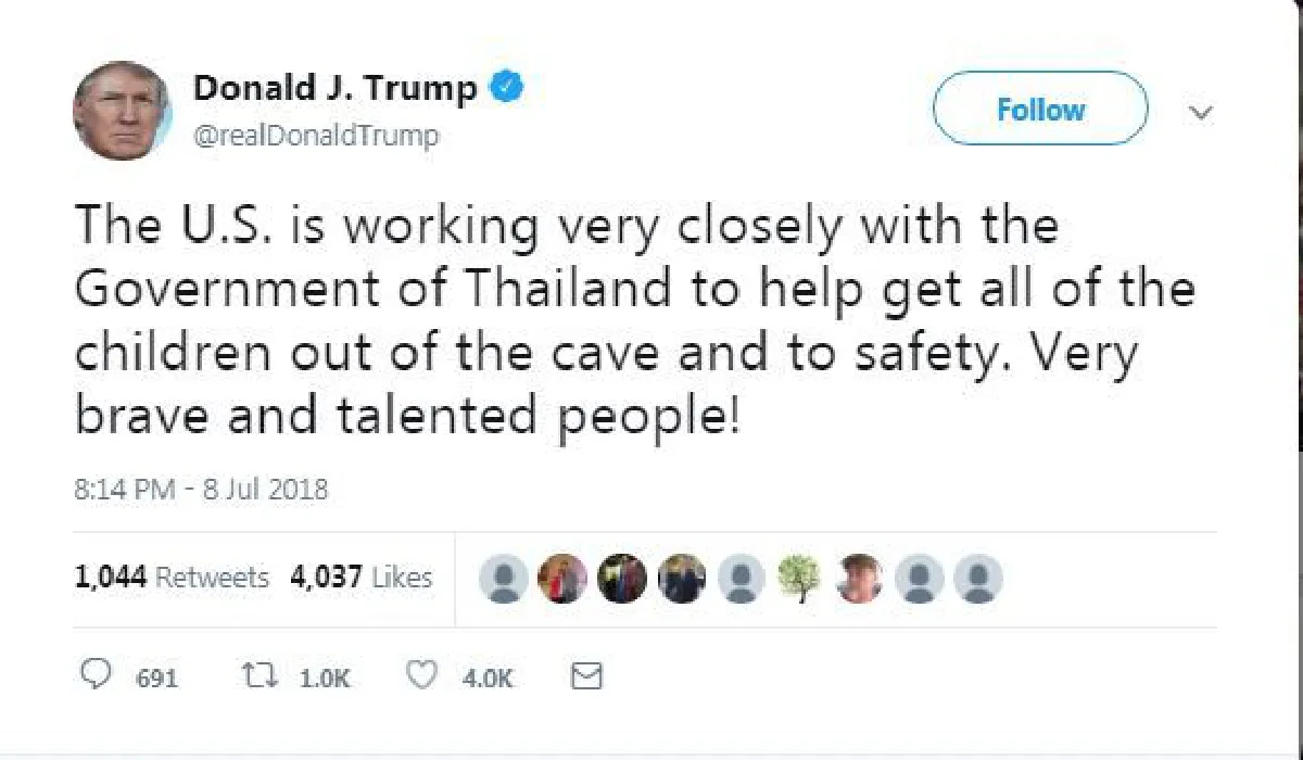 "ทรัมป์"ชื่นชมทุกคนที่ถ้ำหลวง "เก่งและกล้าหาญมาก!"