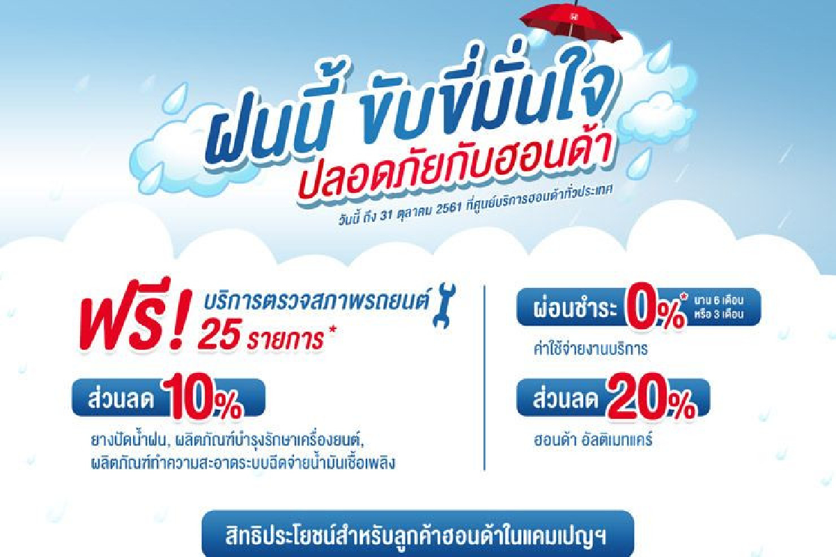ฮอนด้า จัดแคมเปญ "ฝนนี้ ขับขี่มั่นใจ ปลอดภัยกับฮอนด้า" บริการตรวจเช็คสภาพรถฟรี เพื่อสร้างความมั่นใจในการขับขี่ตลอดหน้าฝน ฮอนด้า จัดแคมเปญ "ฝนนี้ ขับขี่มั่นใจ ปลอดภัยกับฮอนด้า" บริการตรวจเช็คสภาพรถฟรี เพื่อสร้างความมั่นใจในการขับขี่ตลอดหน้าฝน