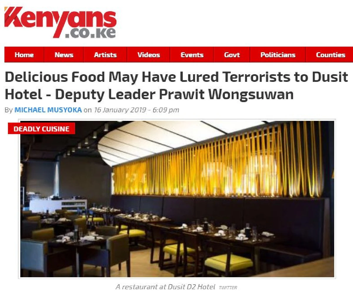 สื่อเคนยาตีข่าว รองนายกไทย บอกอาหารอร่อยดึงดูดผู้ก่อการร้าย