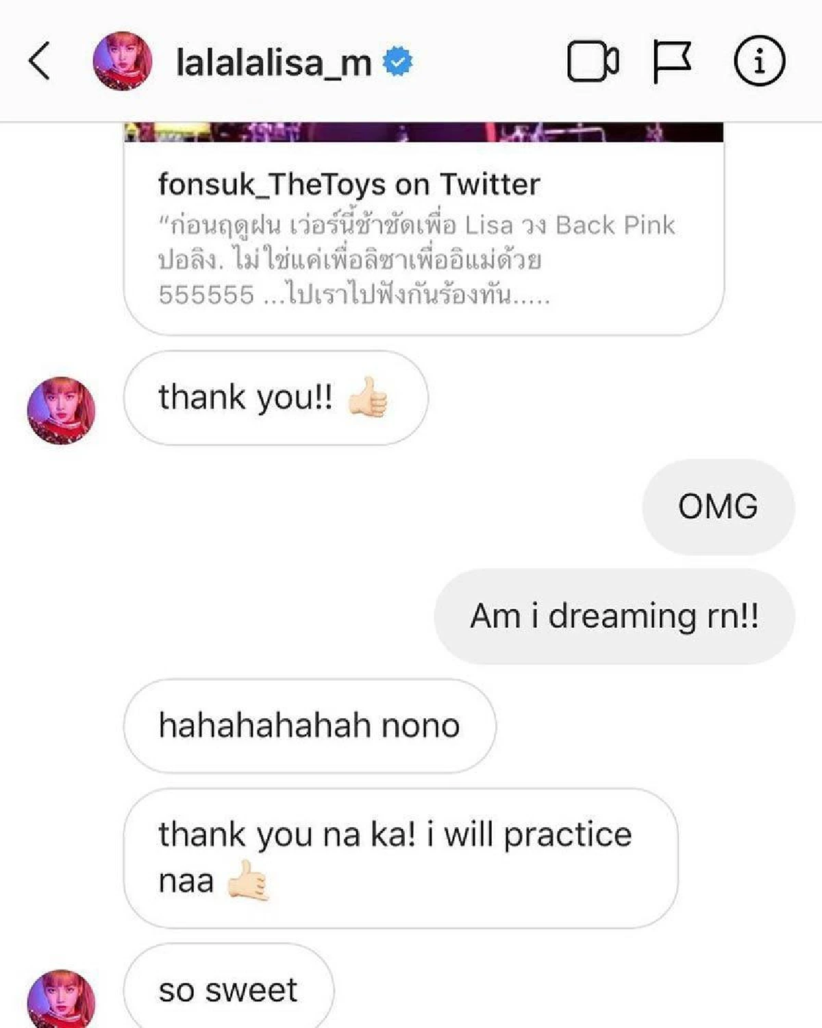 เดอะทอยส์ ฟินสุดหยุดไม่อยู่! ลิซ่า BLACKPINK แชตขอบคุณที่แร็ปช้าๆเพื่อเธอโดยเฉพาะ