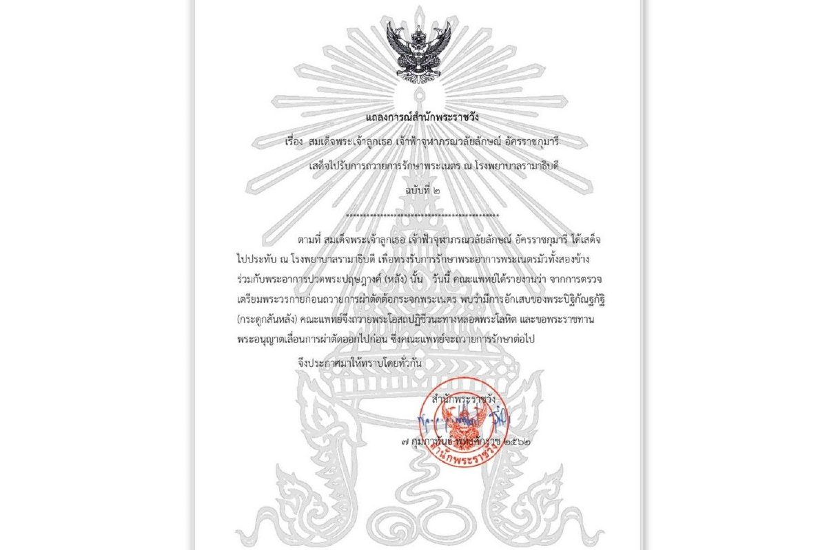 แถลงการณ์ฉบับ2 "ฟ้าหญิงจุฬาภรณ์" ทรงมีพระอาการกระดูกสันหลังอักเสบ แถลงการณ์ฉบับ2 "ฟ้าหญิงจุฬาภรณ์" ทรงมีพระอาการกระดูกสันหลังอักเสบ