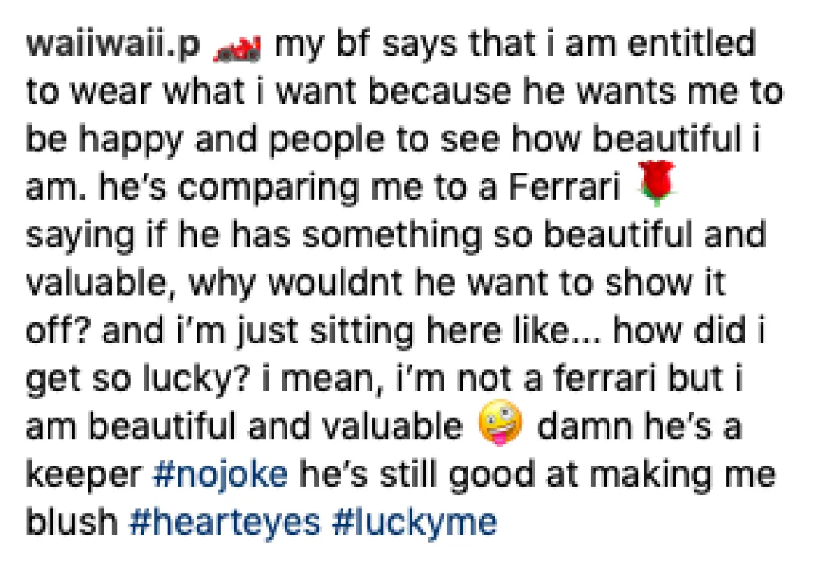 “หวาย” รู้สึกโชคดีที่เจอแฟนหนุ่ม “มิโน” ที่ให้อิสระกับเธอทุกเรื่อง โดยเฉพาะเรื่องแต่งตัว