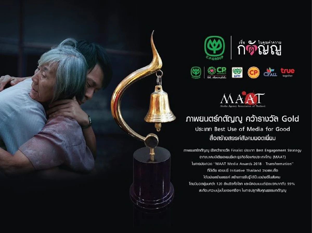 ภาพยนตร์ “กตัญญู” จากเครือเจริญโภคภัณฑ์ คว้ารางวัล Gold ประเภท Best Use of Media for Good และ รางวัล Finalist ประเภท Best Engagement Strategy จากสมาคมมีเดียเอเยนซี่ และธุรกิจสื่อแห่งประเทศไทย (MAAT)