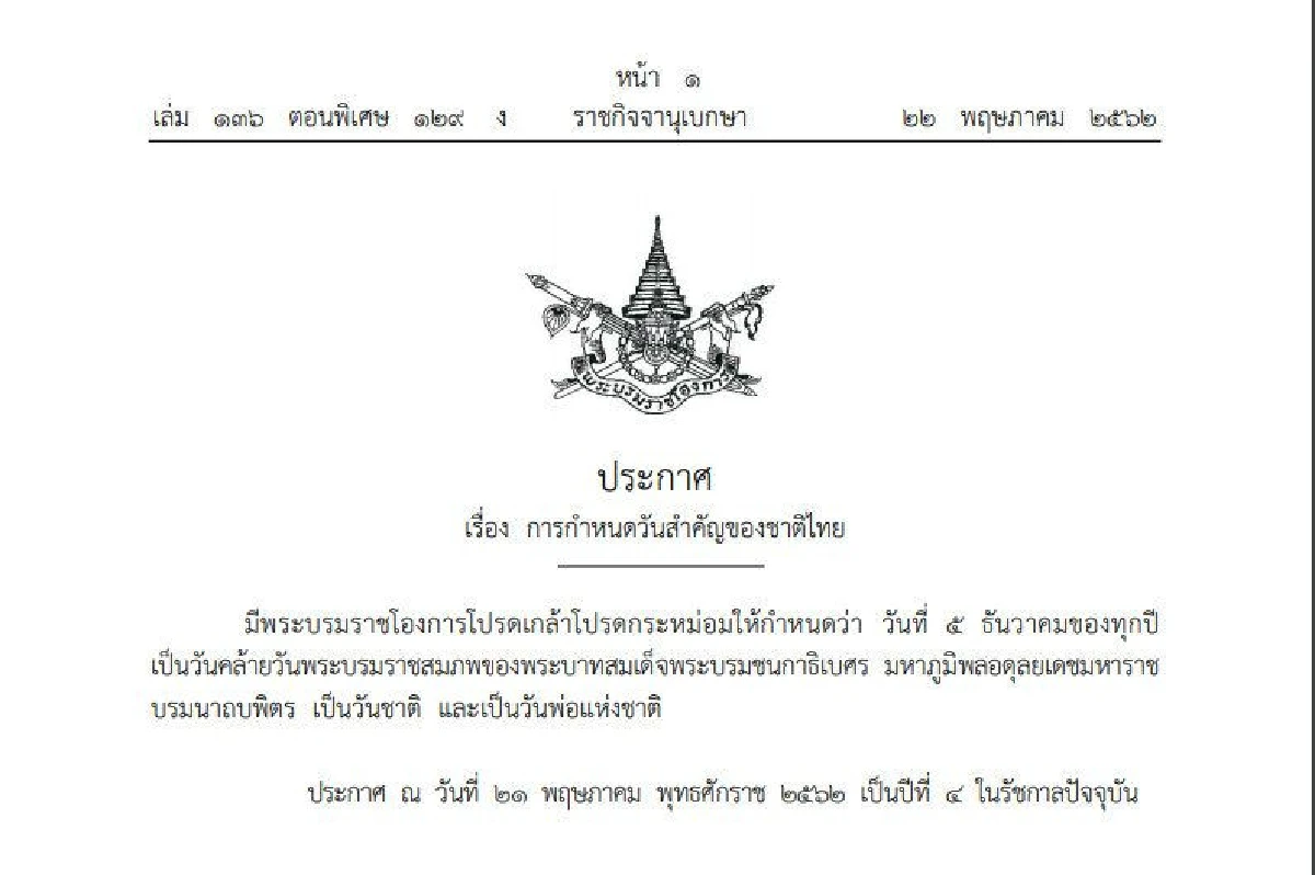 โปรดเกล้าฯให้ "5 ธ.ค." ของทุกปีเป็นวันชาติ และวันพ่อแห่งชาติ