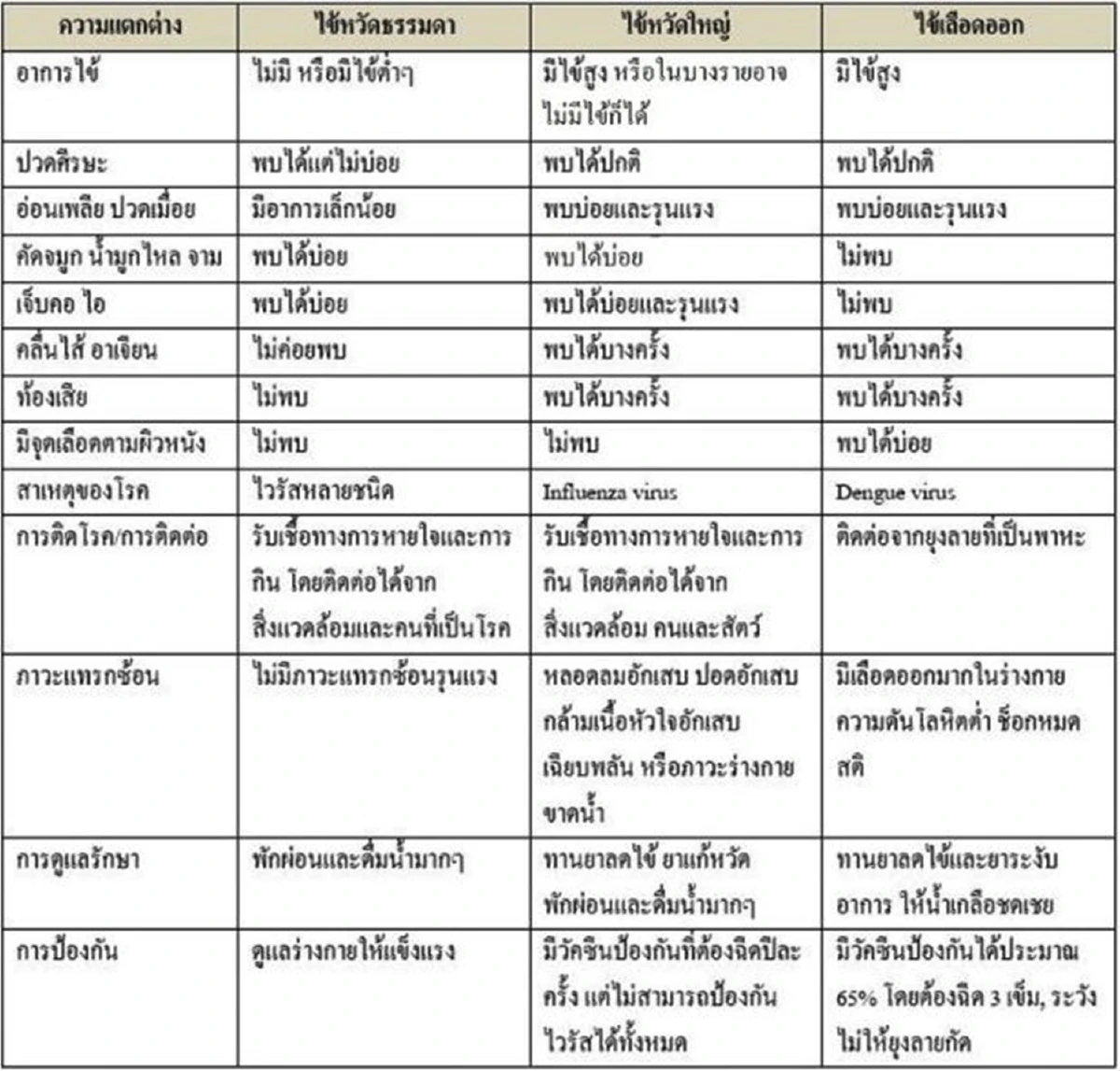 ความแตกต่างของไข้หวัดธรรมดา ไข้หวัดใหญ่ และไข้เลือดออก