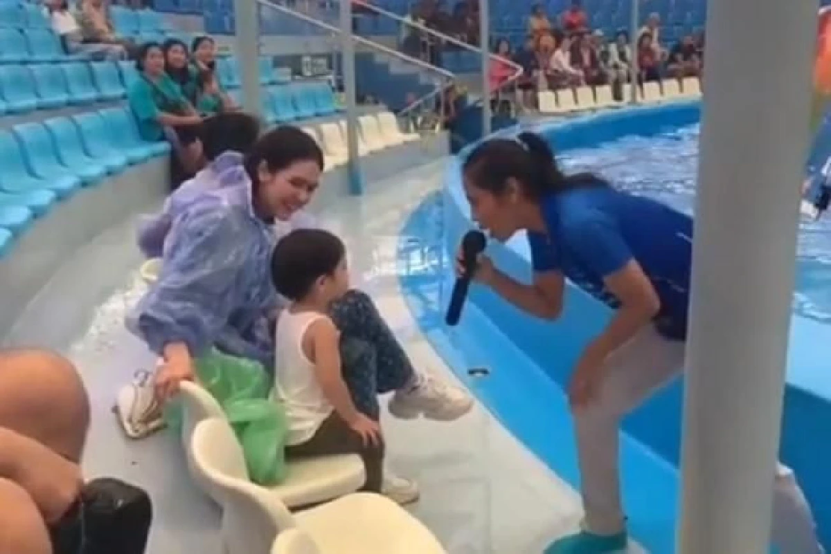 ชมพู่ อารยา พาลูกแฝดดูโชว์โลมา ตีตั๋วยืนติดขอบสระตัวเปียกไปตามๆกัน (คลิป)