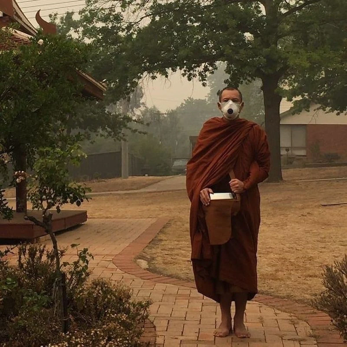 พระเจสัน ยัง สวมหน้ากากกันมลพิษออกบิณฑบาต หลังไฟไหม้ป่าออสเตรเลีย