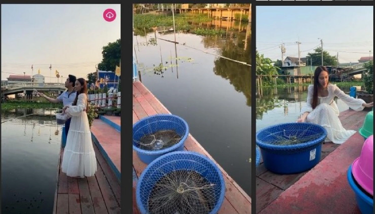 คู่รักคู่บุญ! อั้ม พัชราภา ควงแขน ไฮโซพก ทำบุญปล่อยปลาริมแม่น้ำ