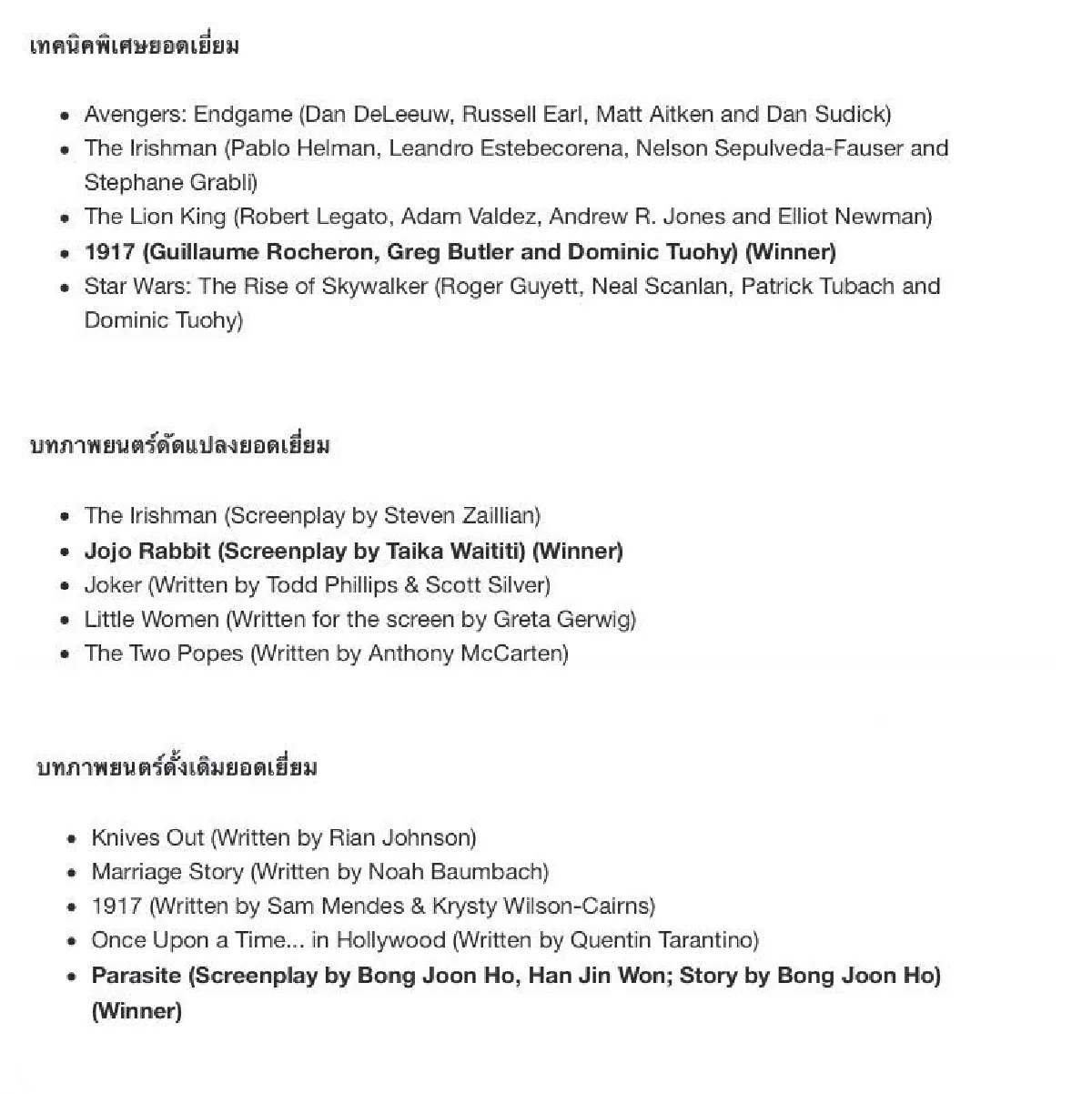 สรุปผลประกาศรางวัลออสการ์ ครั้งที่ 92 ประจำปี 2020