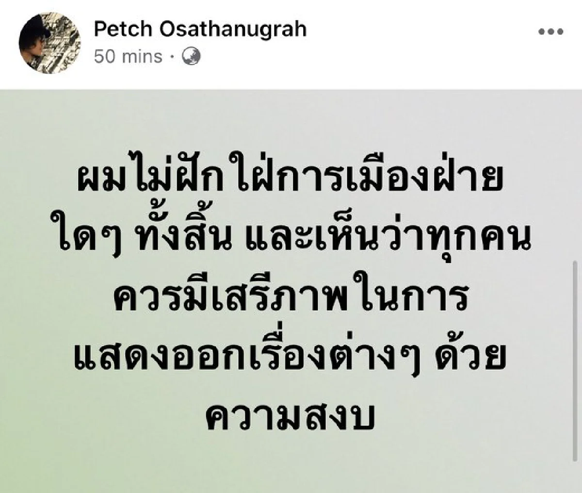 เพชร โอสถานุเคราะห์ ไม่ฝักใฝ่การเมืองฝ่ายใด ลั่นทุกคนควรมีเสรีภาพในการแสดงออก 