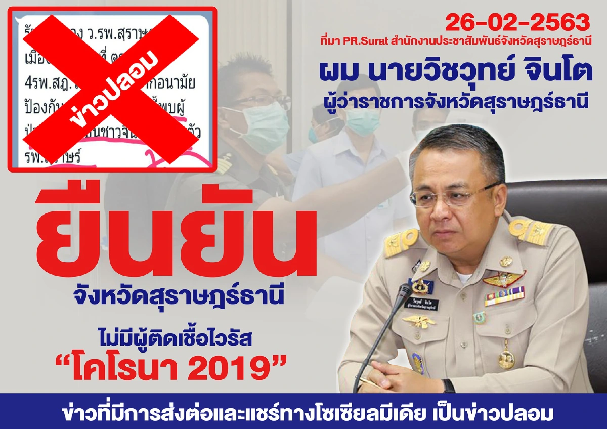 ผู้ว่าฯสุราษฎร์ธานีสยบข่าวลือ ไม่มีผู้ป่วยติดเชื้อโควิด-19