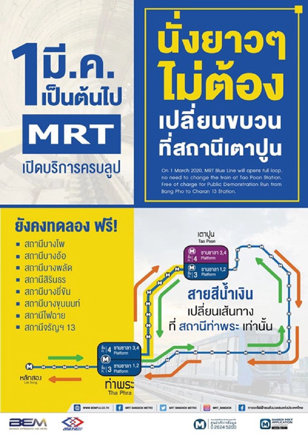 นั่งกันยาวๆไม่ต้องแวะเตาปูน  รถไฟฟ้าสีน้ำเงินส่วนขยาย บางโพ-สถานีจรัญฯ13 เริ่ม 1 มี.ค.นี้