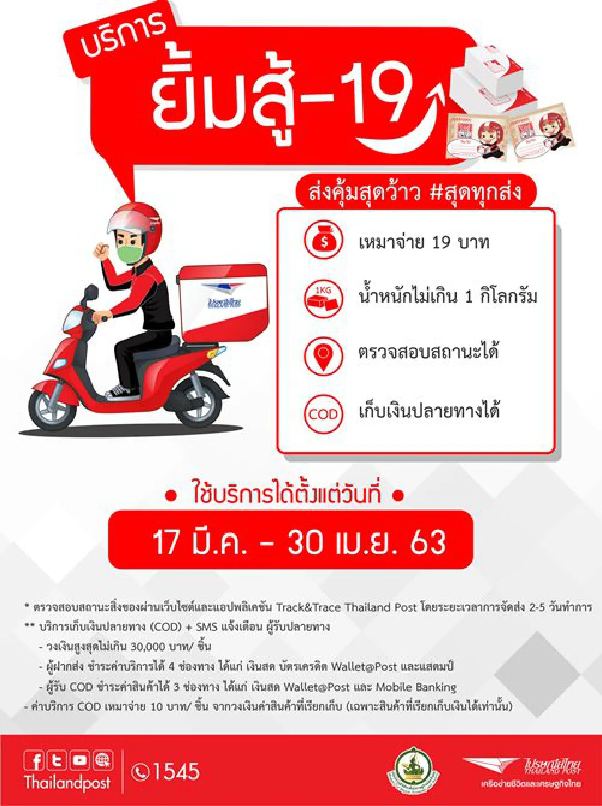 ‘ไปรษณีย์’ ออกแคมเปญ “ยิ้มสู้-19” รับมือโควิด-19 ซื้อของออนไลน์ส่งเหมาจ่าย 19 บาทราคาเดียว 