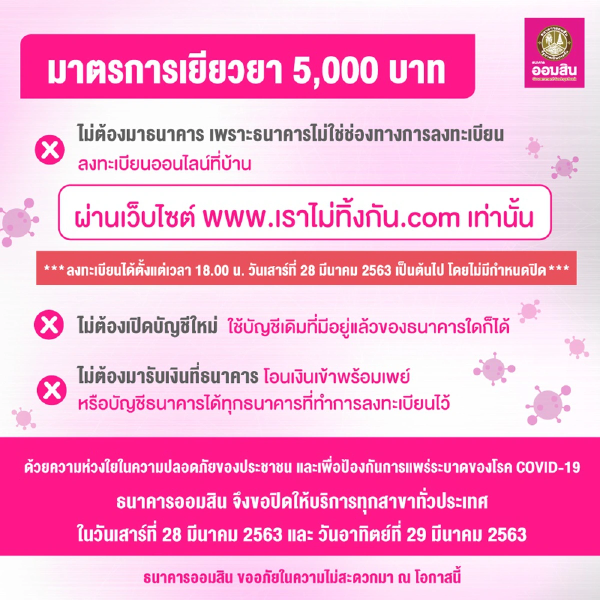ธนาคารพาณิชย์ปิดสาขาทั่วประเทศเสาร์อาทิตย์นี้หนีโควิด-19