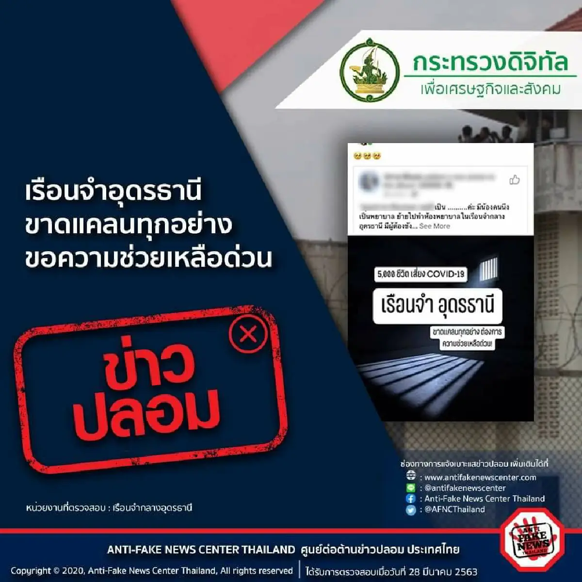 "ยุติธรรม"โต้ข่าวปลอมเรืองจำกลางอุดรธานีเสี่ยงติดโควิด-19 ไม่เป็นความจริง