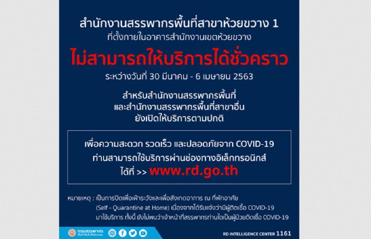 ปิดสรรพากรห้วยขวาง1 พบผู้ใช้บริการติดCOVID-19 ปิดสรรพากรห้วยขวาง1 พบผู้ใช้บริการติดCOVID-19