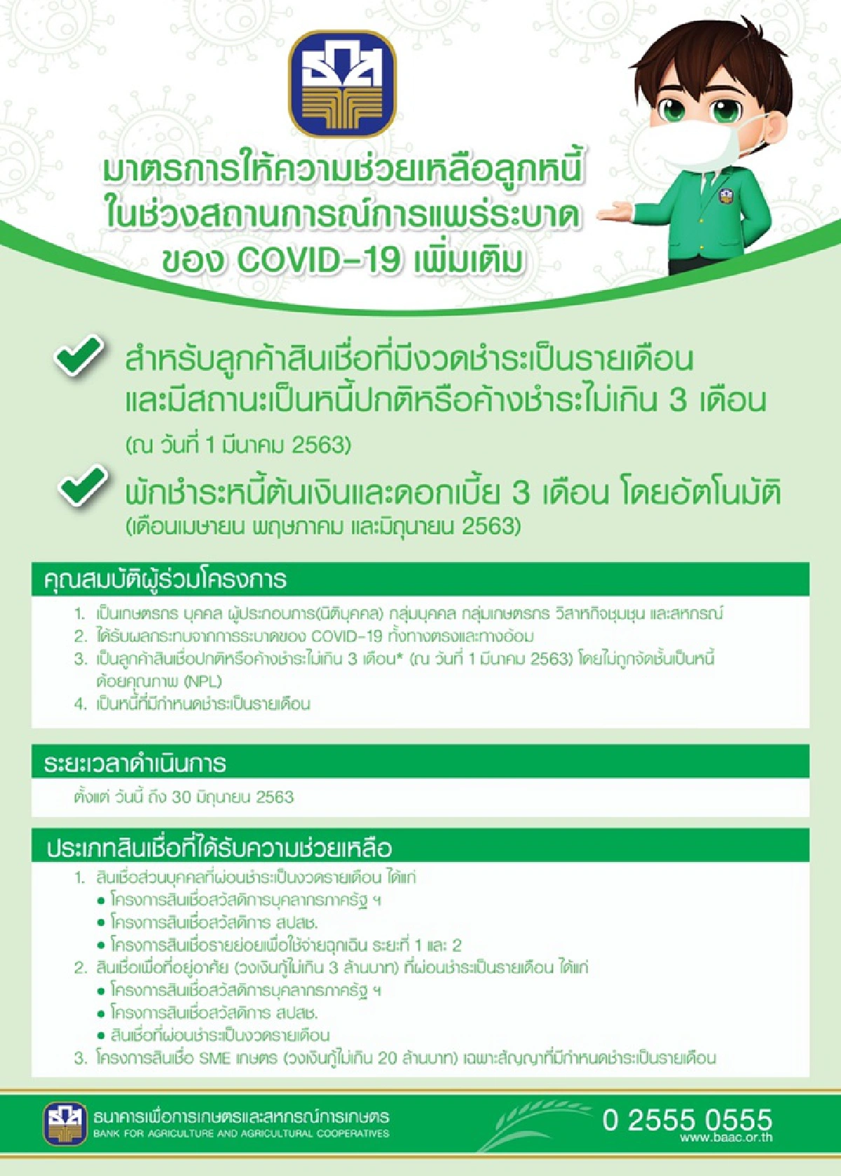 ธ.ก.ส. พักหนี้ช่วยลูกหนี้3เดือนสู้โควิด