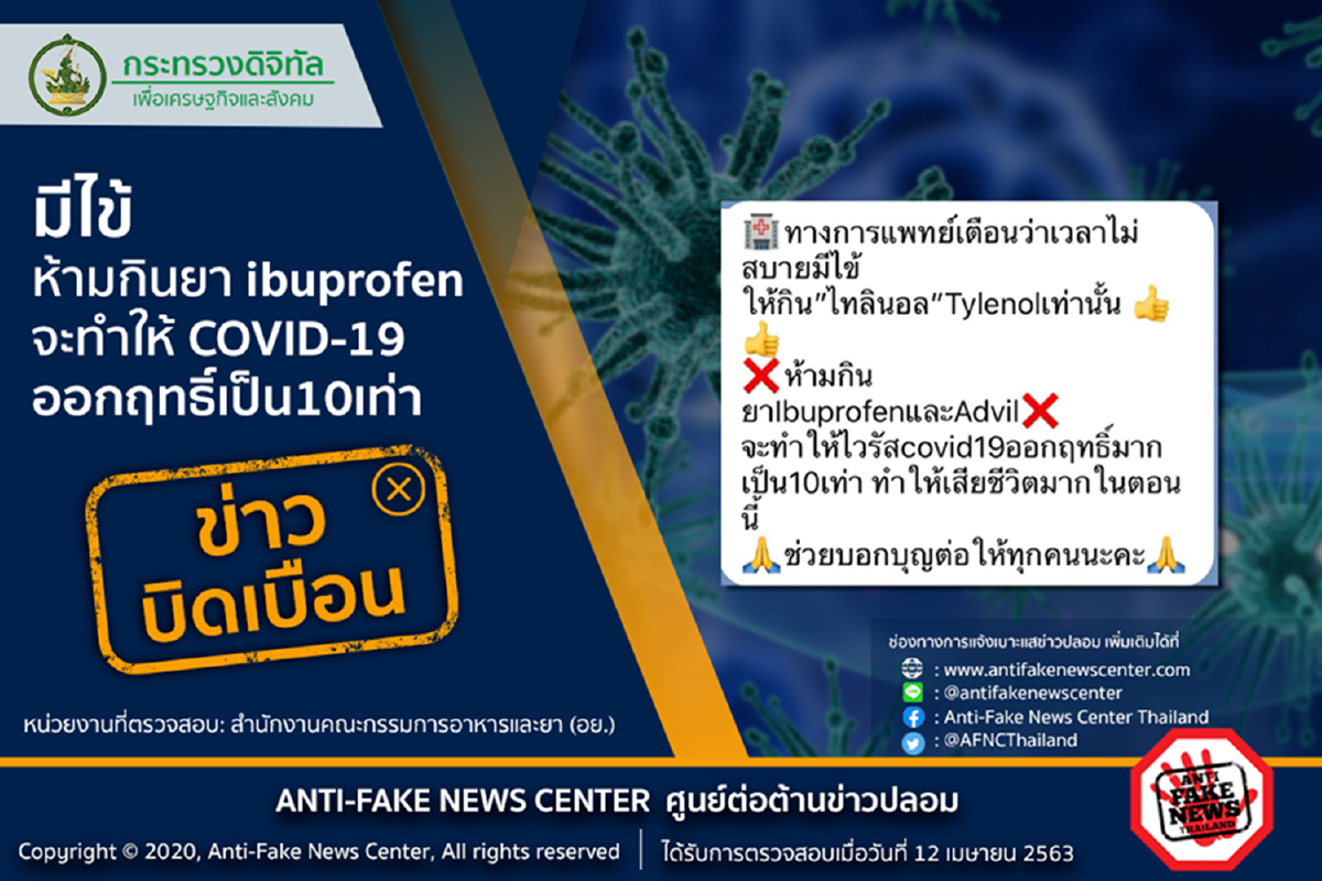 เตือนอย่าหลงเชื่อข้อมูลบิดเบือน อ้างกินยา ibuprofen ทำโควิด-19ออกฤทธิ์เป็น10เท่า เตือนอย่าหลงเชื่อข้อมูลบิดเบือน อ้างกินยา ibuprofen ทำโควิด-19ออกฤทธิ์เป็น10เท่า