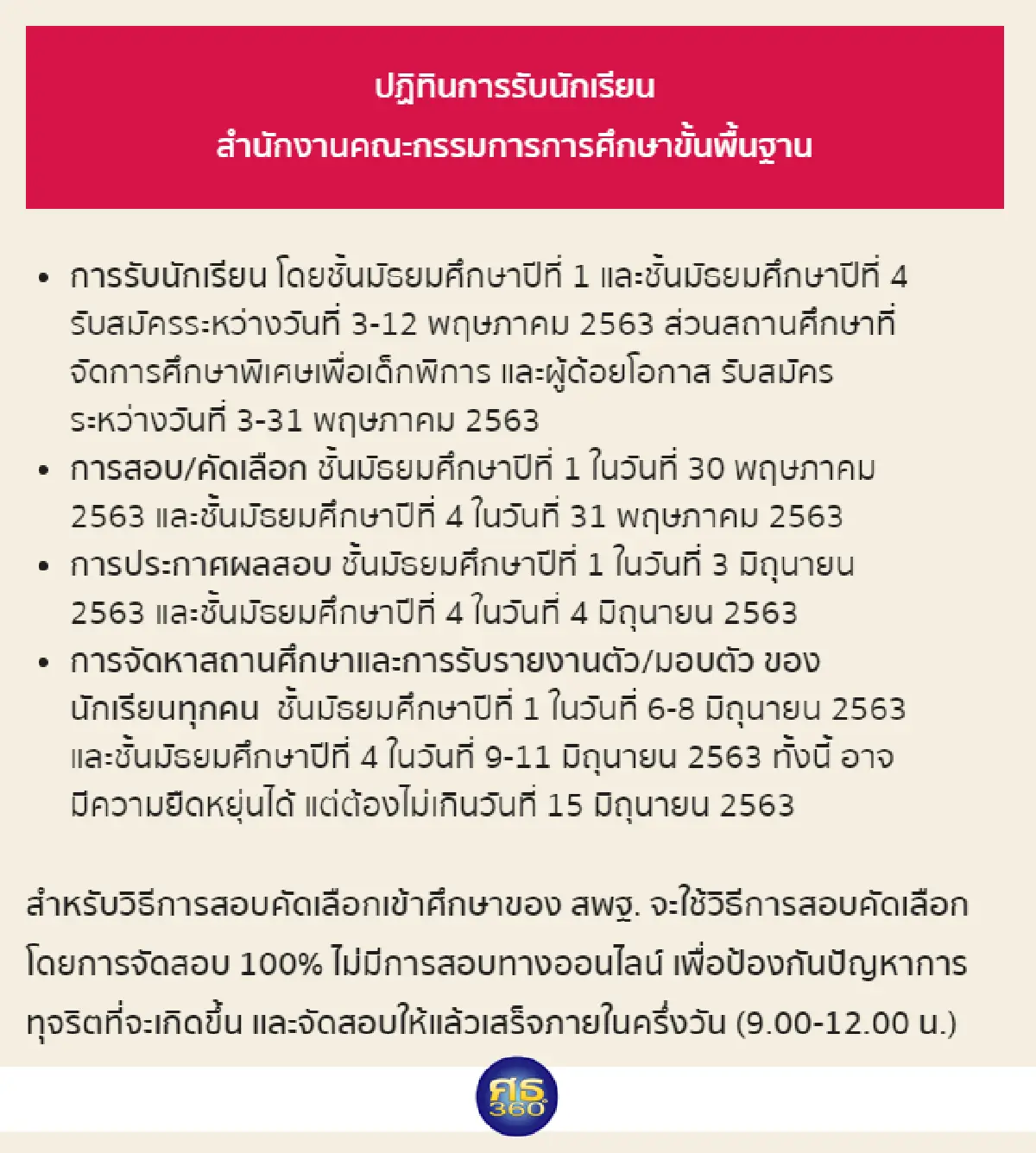 สพฐ.เปิดปฏิทินการรับนักเรียนม.1 และ ม.4 ปีการศึกษา63