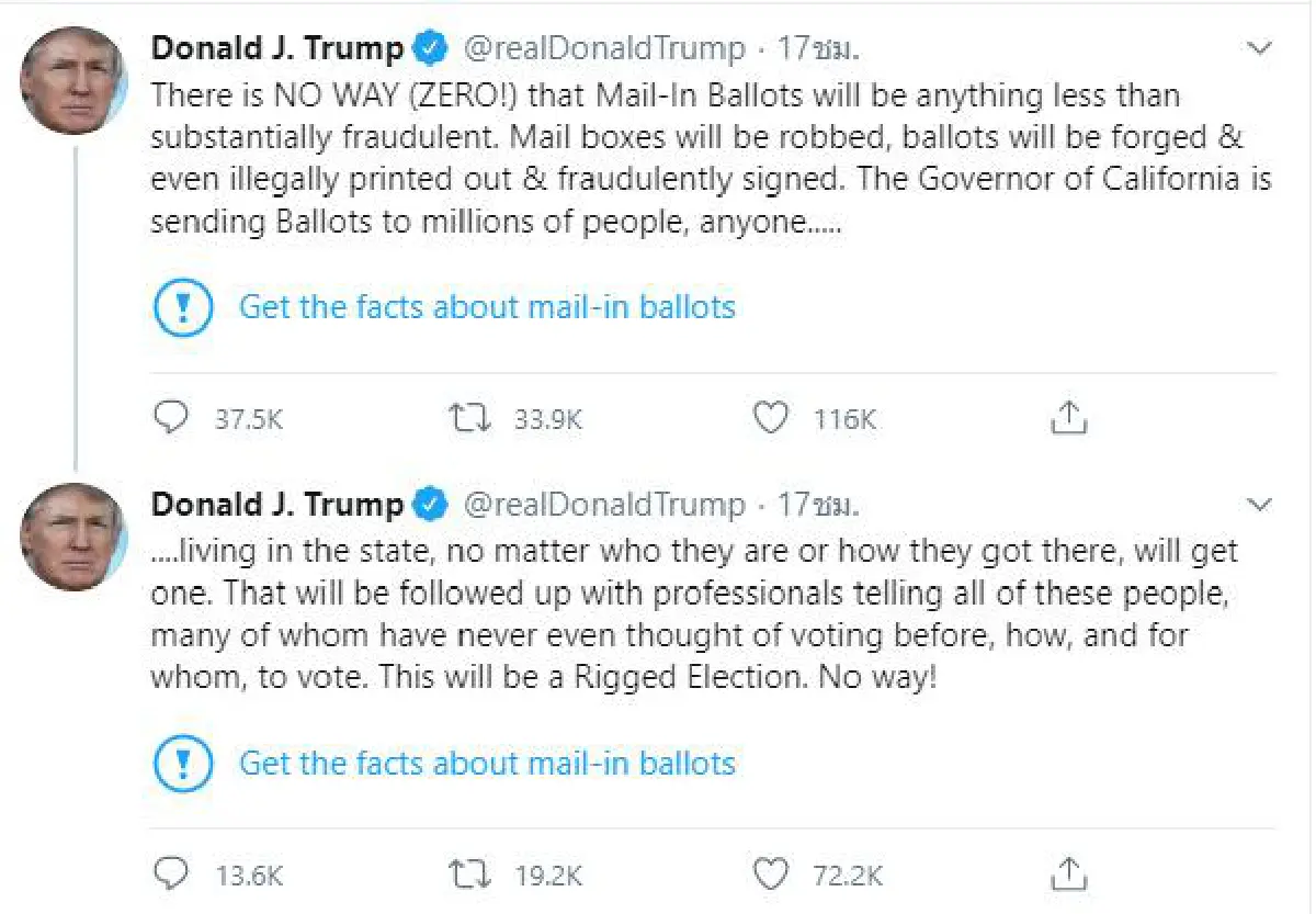 ทรัมป์ขู่ปิดบริษัททวิตเตอร์ ฉุนถูกติดป้ายแพร่ข่าวปลอม