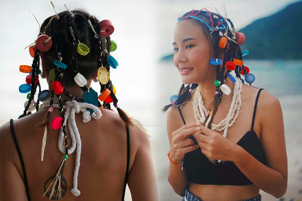 สาวอนุรักษ์! “นท” กับ New Normal ทรงผมสุดเก๋ที่ตกแต่งมาจากฝาขวดพลาสติ สาวอนุรักษ์! “นท” กับ New Normal ทรงผมสุดเก๋ที่ตกแต่งมาจากฝาขวดพลาสติ