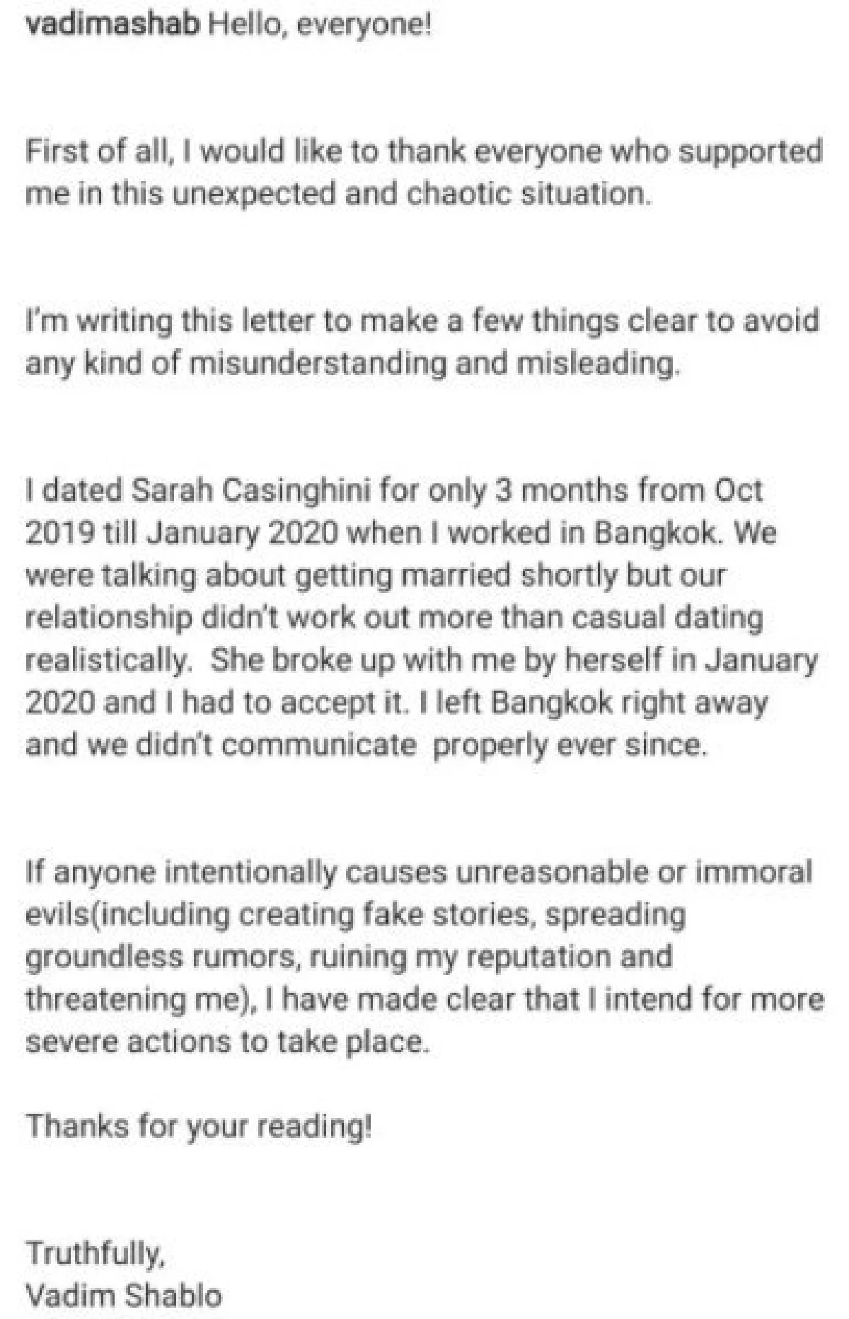 วาดิม เคลียร์ชัดเลิก ซาร่า ตั้งแต่ ม.ค. คบกันเล่นๆ ตอนทำงานที่กรุงเทพ