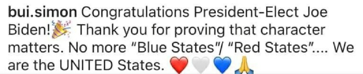 "ปุ๋ย ภรณ์ทิพย์" ร่วมแสดงความยินดี "ไบเดน" บอกไม่มีรัฐสีน้ำเงิน-รัฐสีแดงอีกต่อไป 