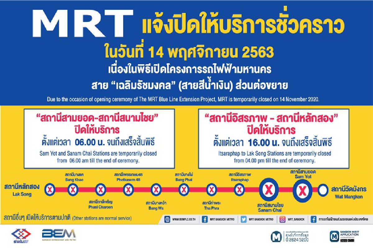 MRTปิดให้บริการชั่วคราว 14 พ.ย.ประกอบพิธีเปิดส่วนต่อขยาย MRTปิดให้บริการชั่วคราว 14 พ.ย.ประกอบพิธีเปิดส่วนต่อขยาย