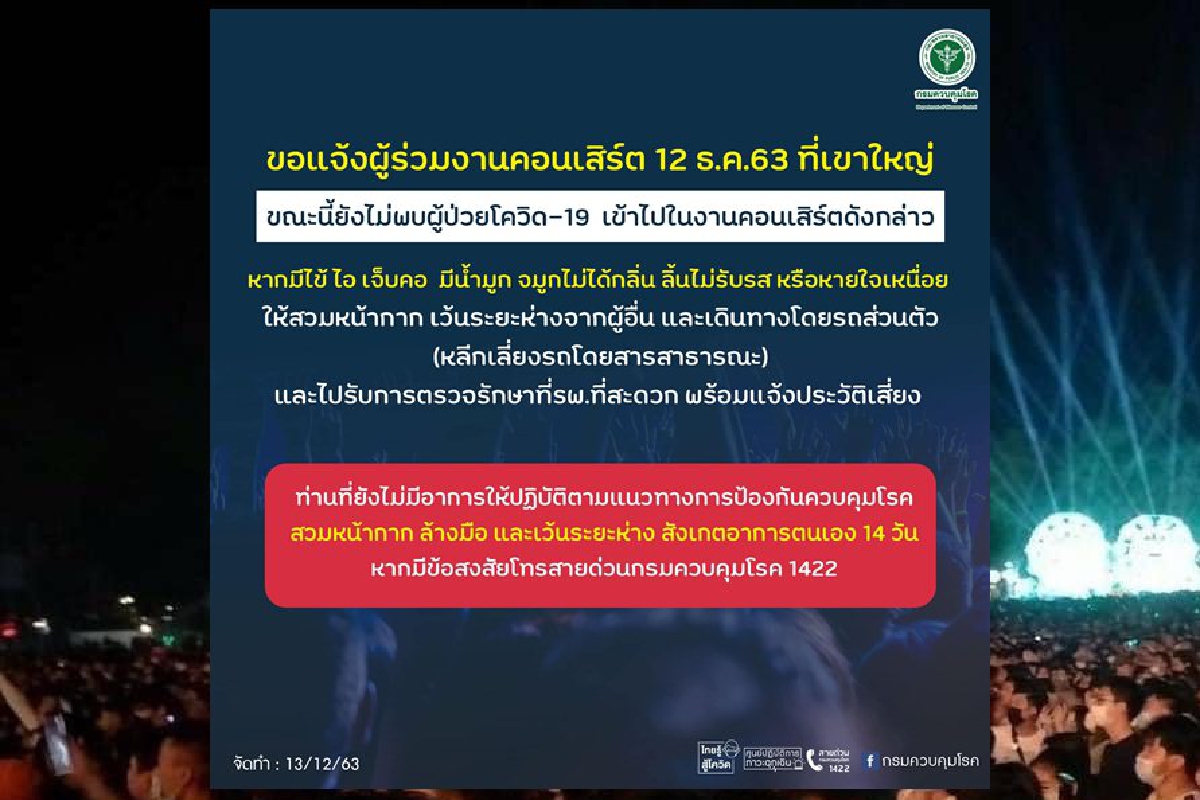 แนะผู้ร่วมคอนเสิร์ตที่เขาใหญ่12ธ.ค.ให้สังเกตอาการตัวเอง14วัน แนะผู้ร่วมคอนเสิร์ตที่เขาใหญ่12ธ.ค.ให้สังเกตอาการตัวเอง14วัน