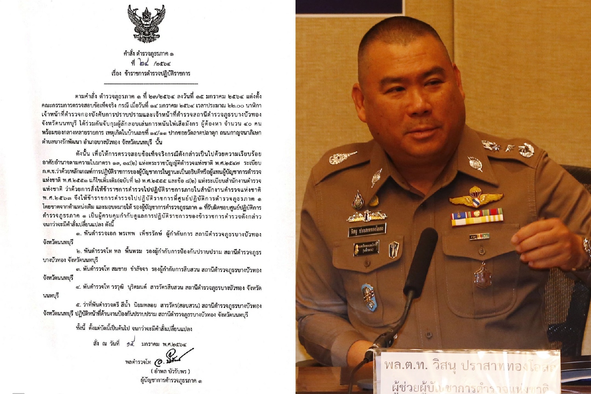 ไม่รอด! เด้ง 5 เสือโรงพักบางบัวทองเซ่นบ่อนพนัน ไม่รอด! เด้ง 5 เสือโรงพักบางบัวทองเซ่นบ่อนพนัน